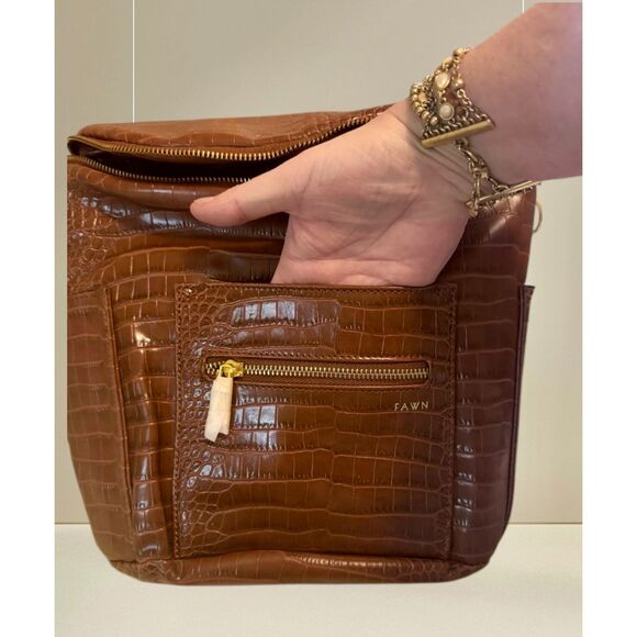 FAWN DESIGN NWT Backpack Diaper Bag Pecan Brown Croc Embossed Faux Leather Purse - Picture 13 of 16